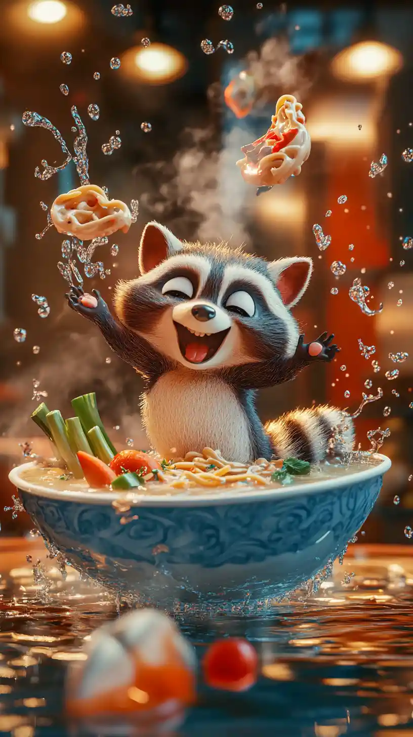 Cartoon raccoon tumbling into a giant bowl of soup