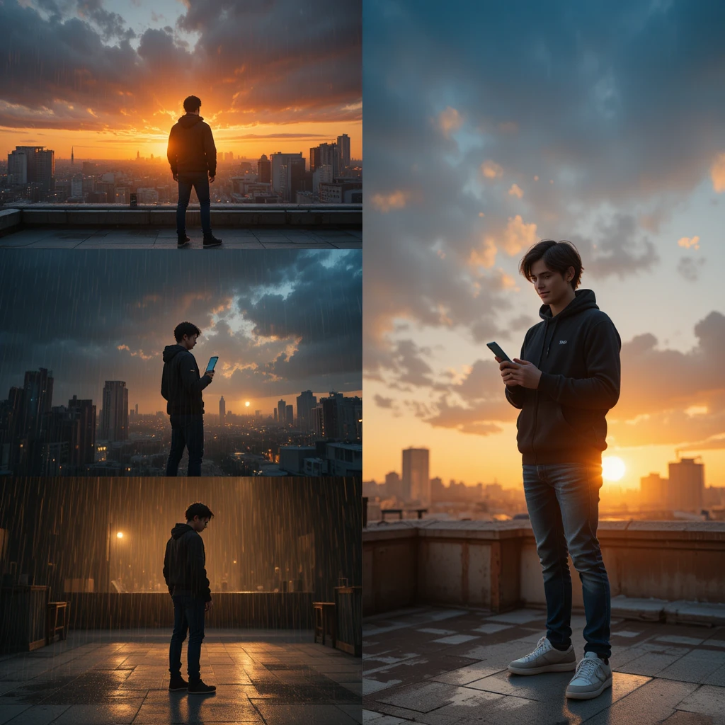 Teen boy standing on a city rooftop at sunset