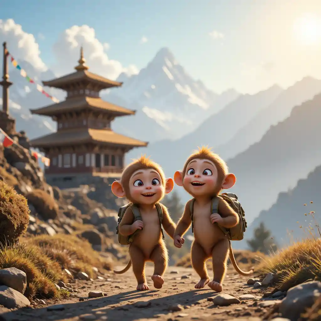 Two young monkeys hiking a sunny Himalayan mountain trail