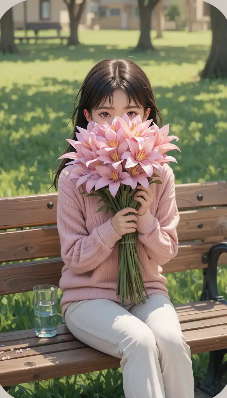 Anime girl with pink lilies on a park bench