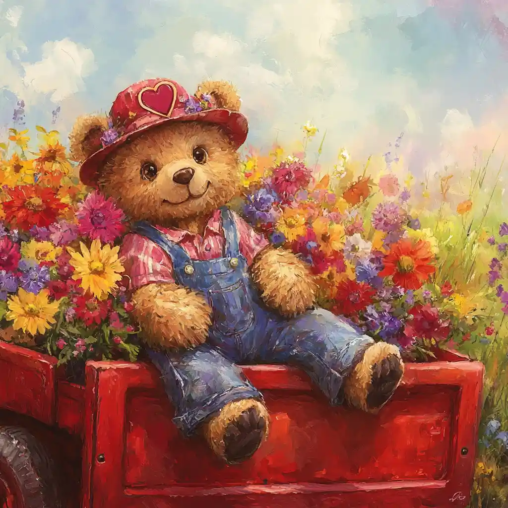 Dolce orsetto di peluche in un camion rosso pieno di fiori - illustrazione