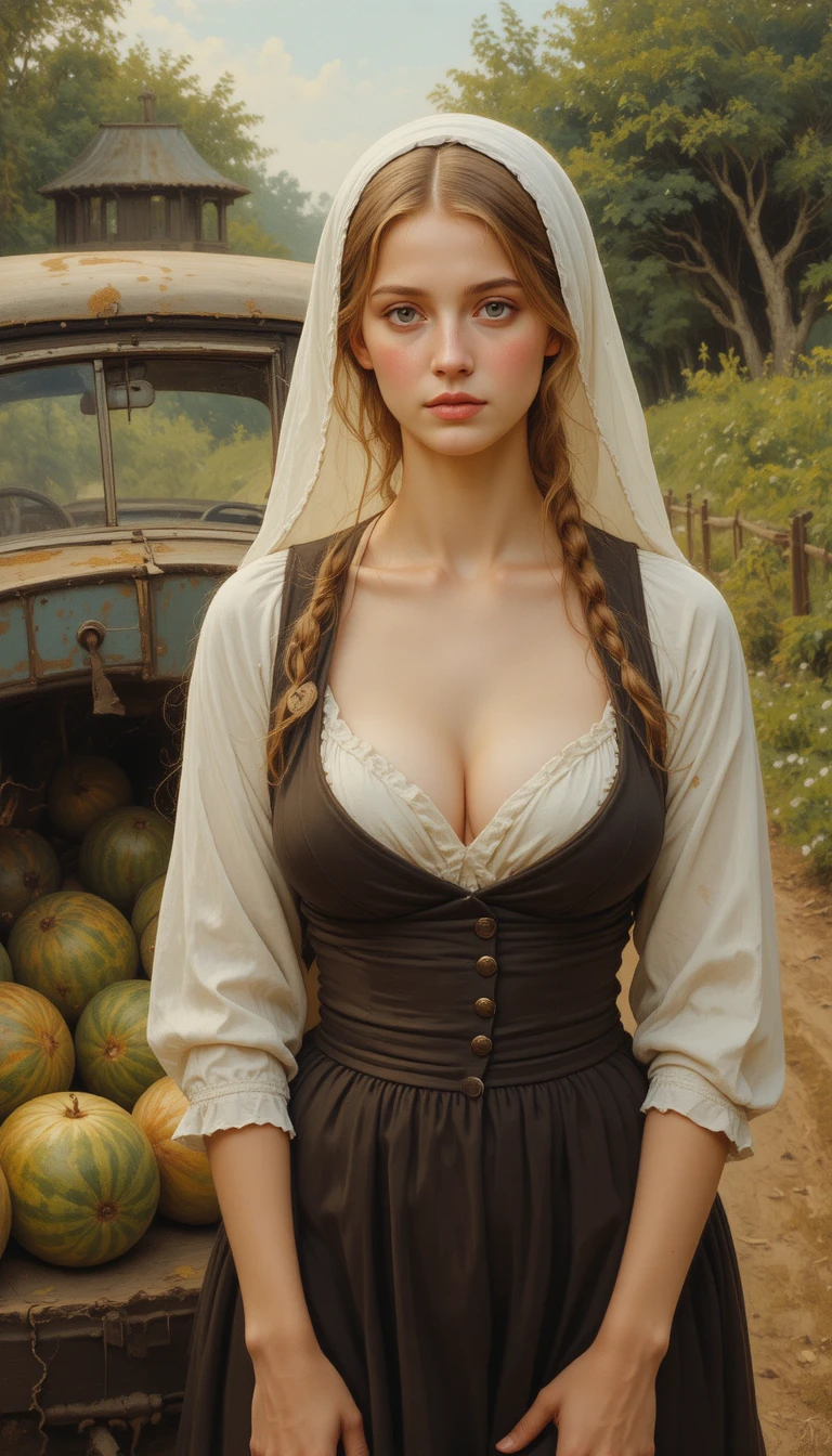 Femme de village en vêtements simples à côté d’une voiture pleine de pastèques