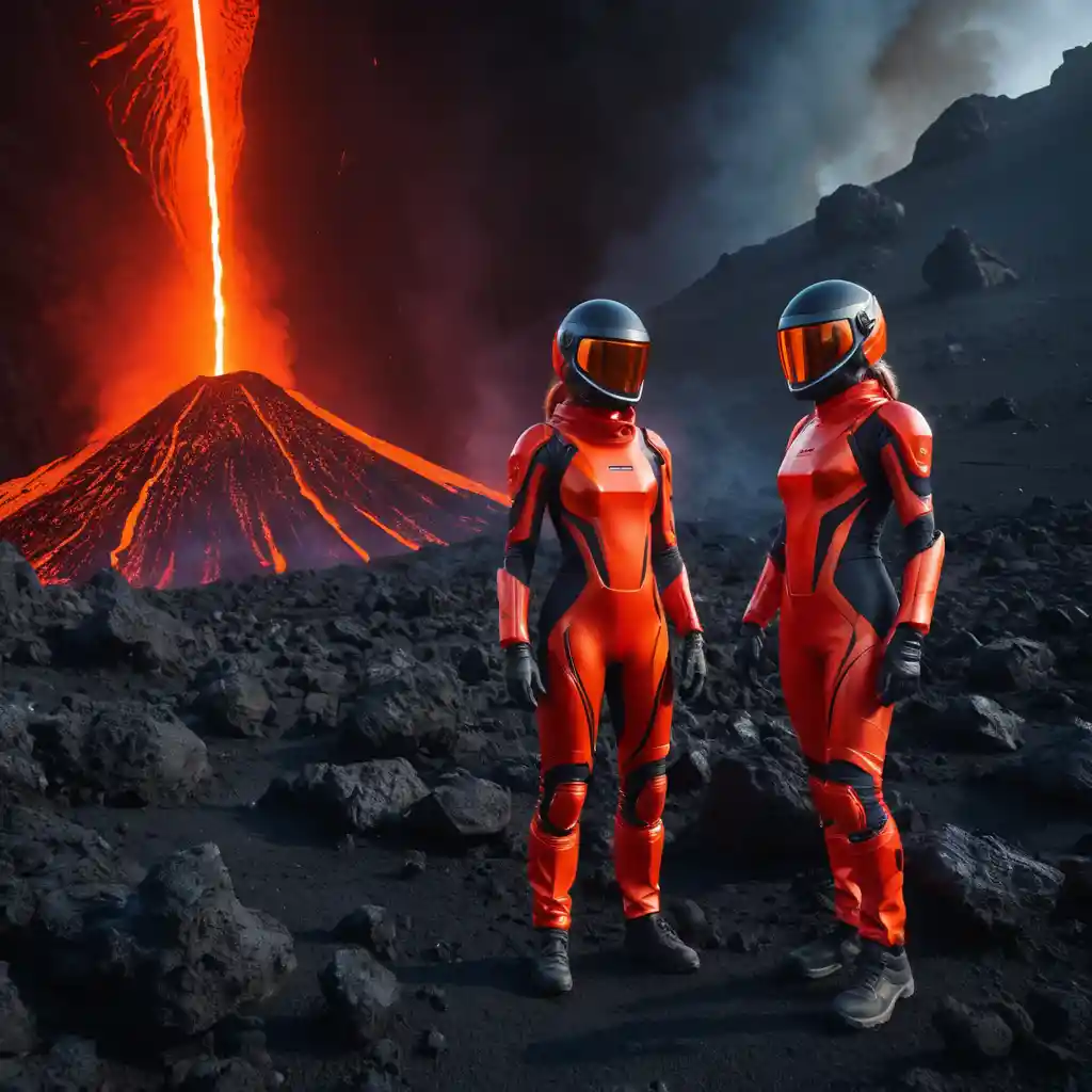 Two women in futuristic suits at a glowing volcano
