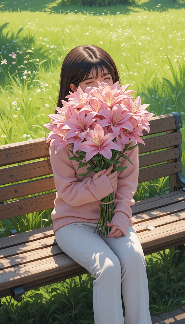 春日公園長椅上手捧百合花的動漫少女