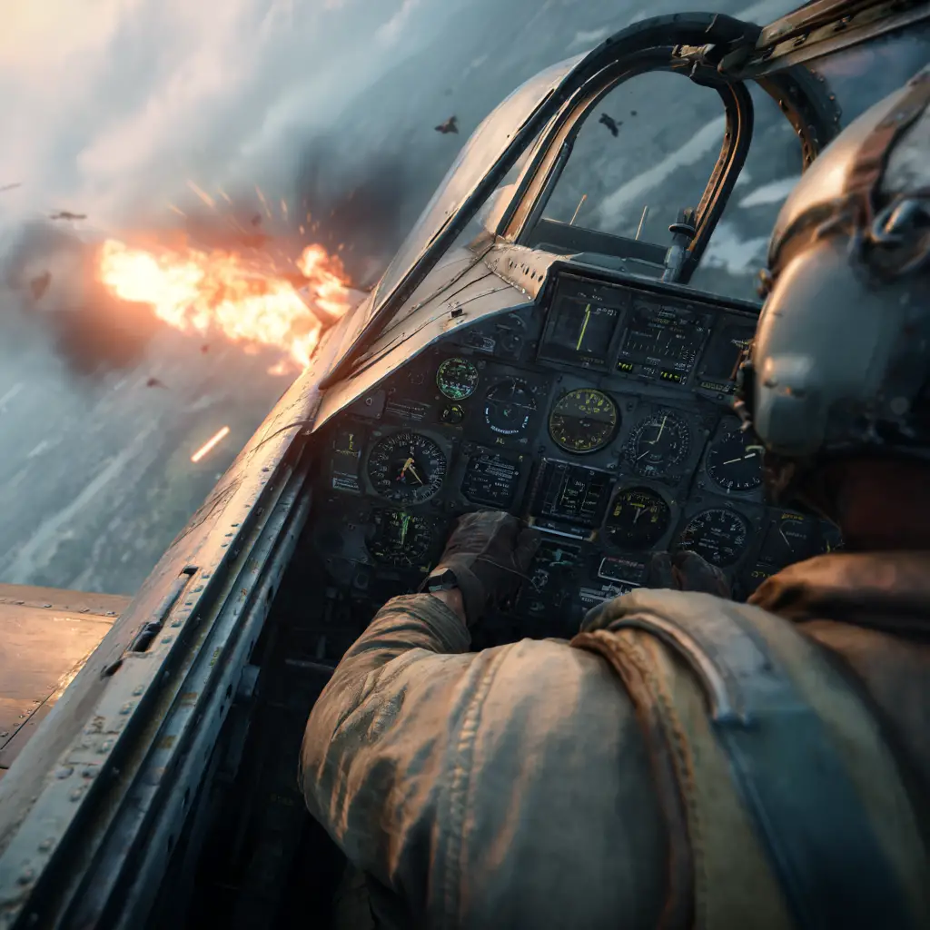 Damaged fighter jet spiraling through the sky in flames