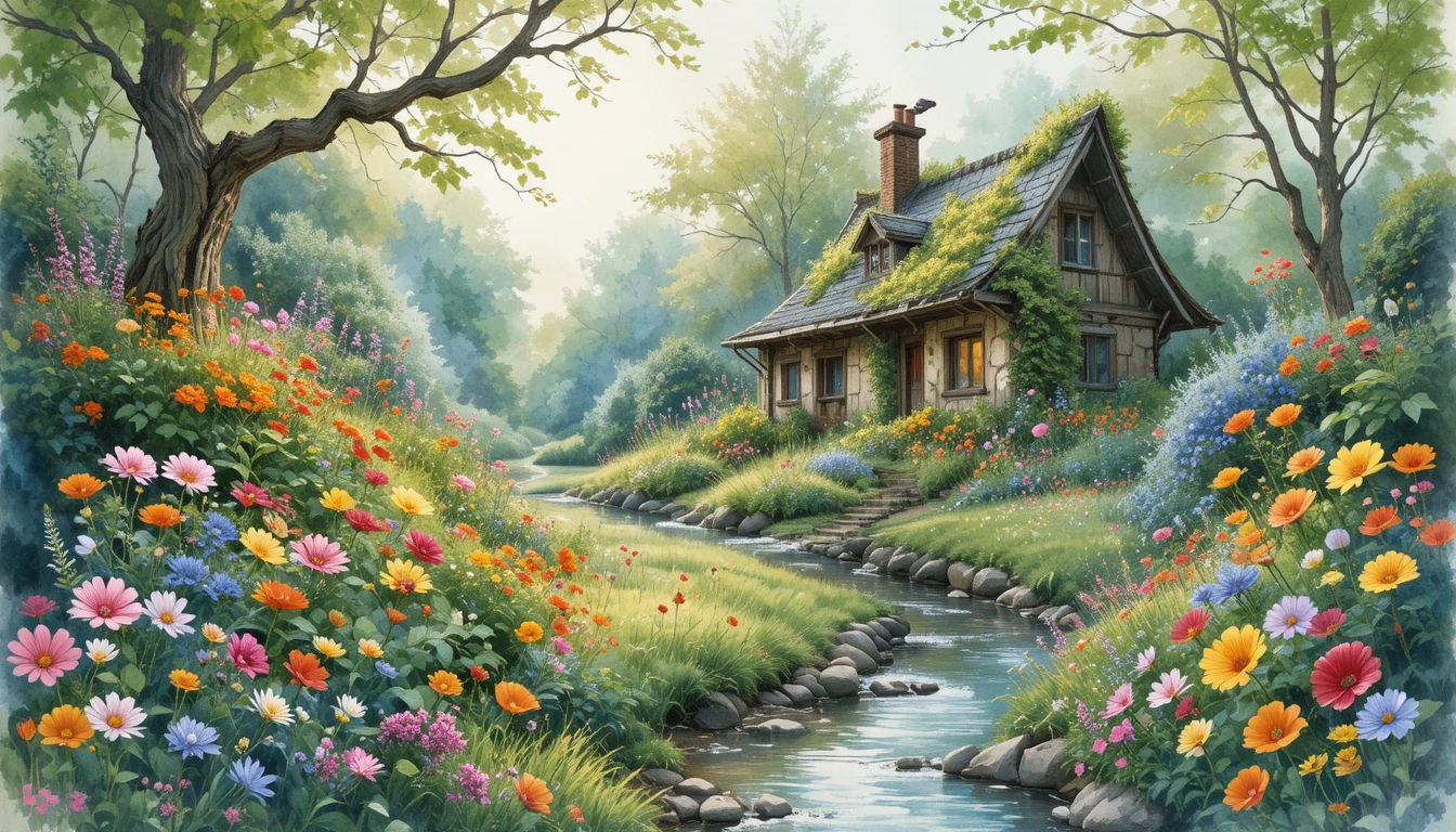 Jardin de cottage paisible avec fleurs sauvages et ruisseau sinueux