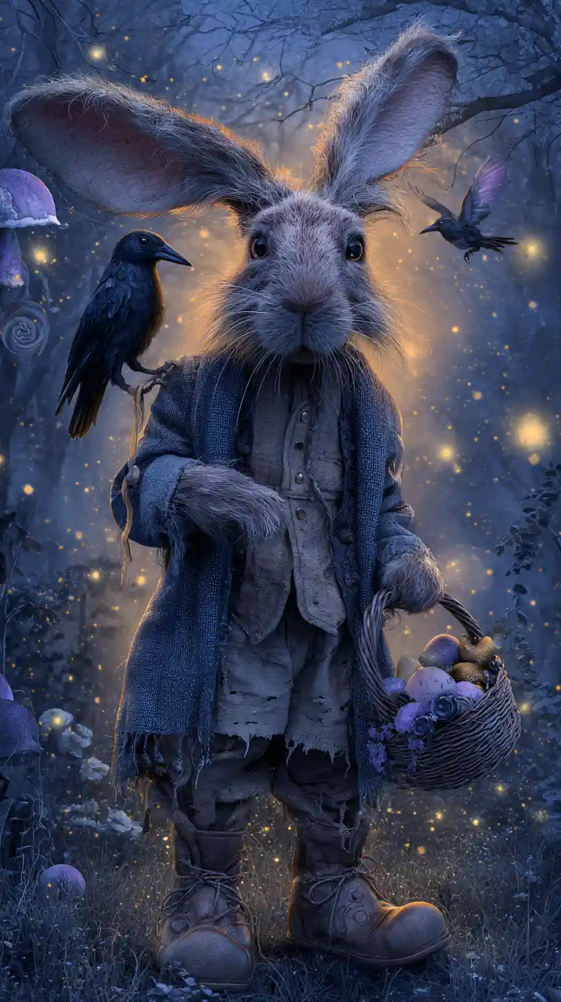 Ominous rabbit with basket in a mystical dusk forest