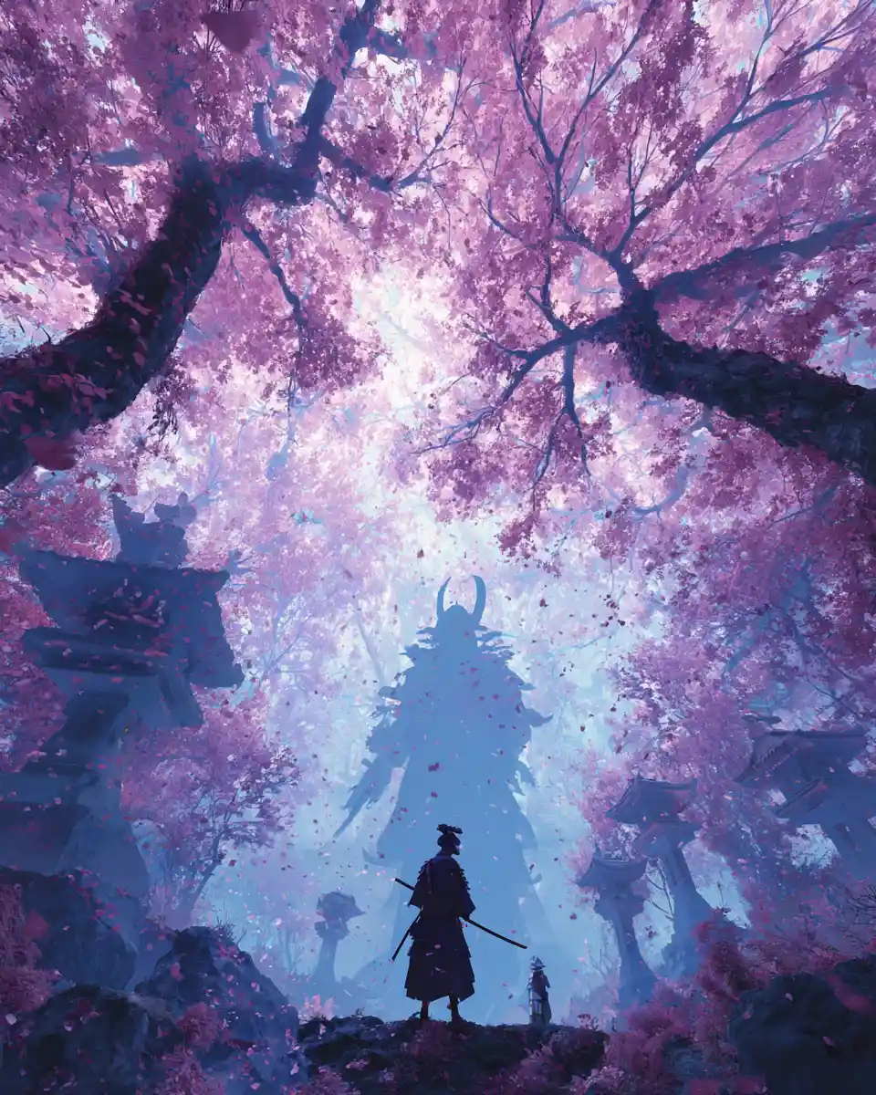 Silhouetted geisha and samurai with falling cherry blossoms