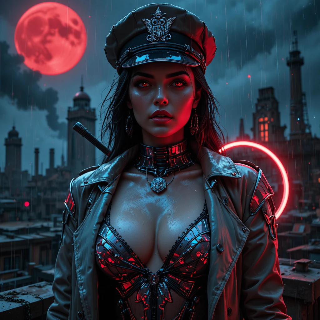 Cyberpunk-Detektivin unter einem blutrot leuchtenden Mond