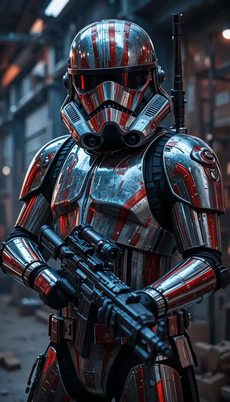 Armored sci fi soldier with rifle in industrial interior