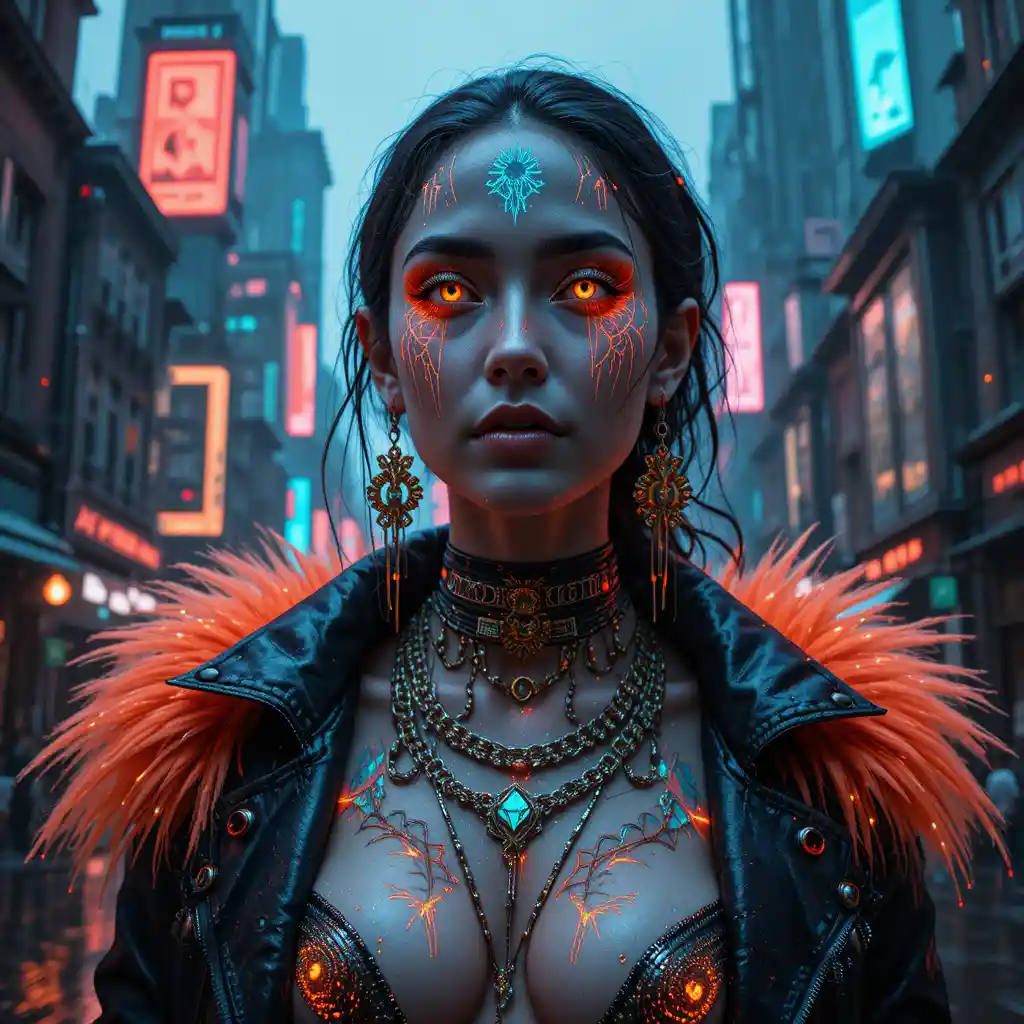 Cyberpunk woman with holographic tattoos in neon rain