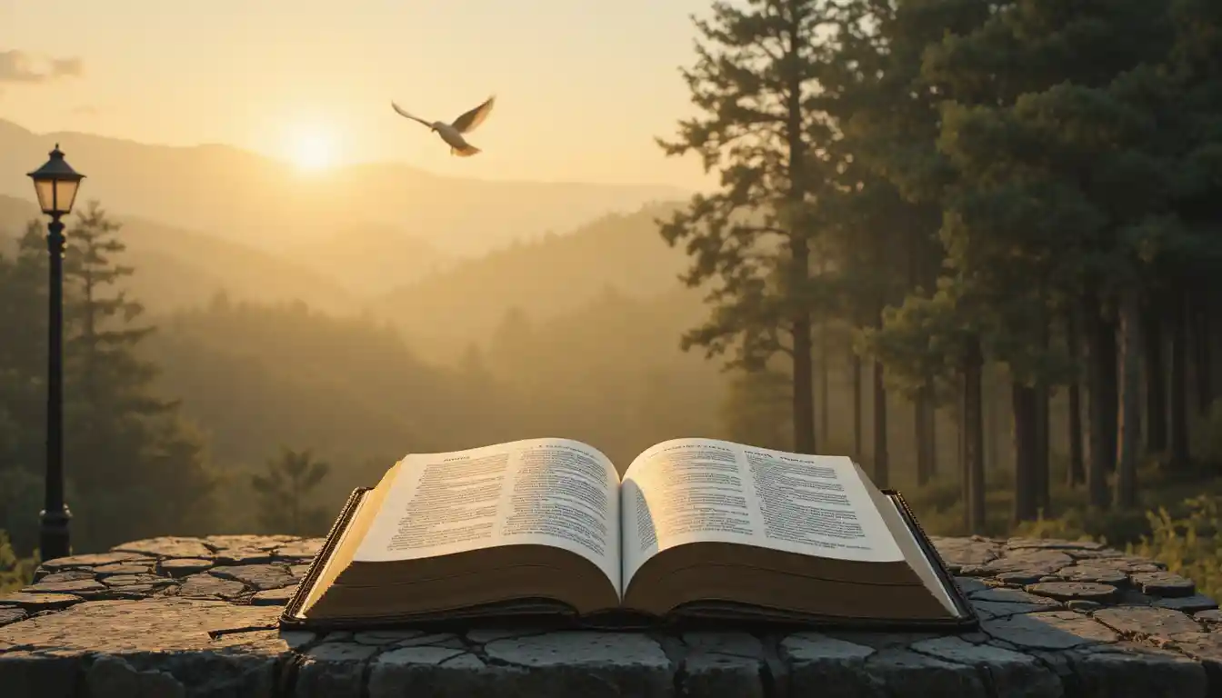 Ancient Bible On Stone Altar At Sunrise In Misty Forest