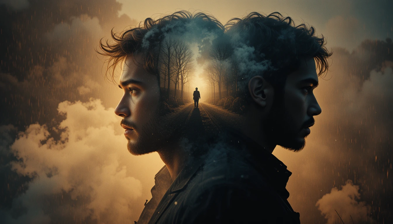 Ritratto cinematografico a doppia esposizione con luce drammatica sul volto