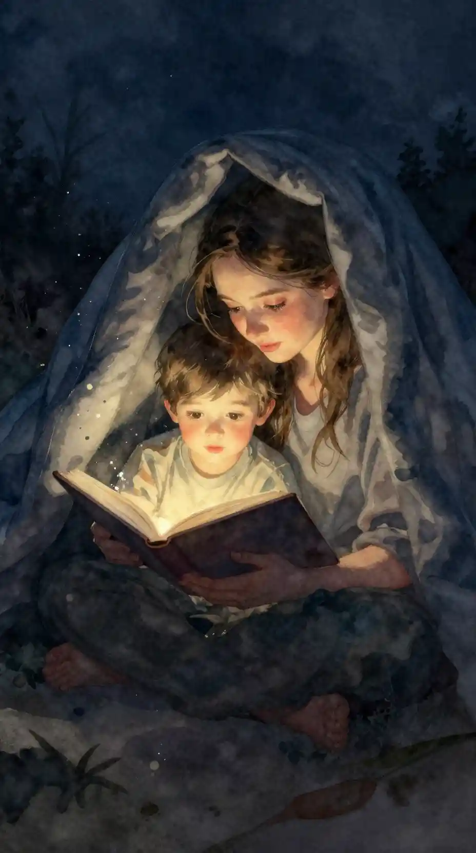 Mutter und Sohn lesen in einer gemütlichen Aquarell-Deckenhöhle