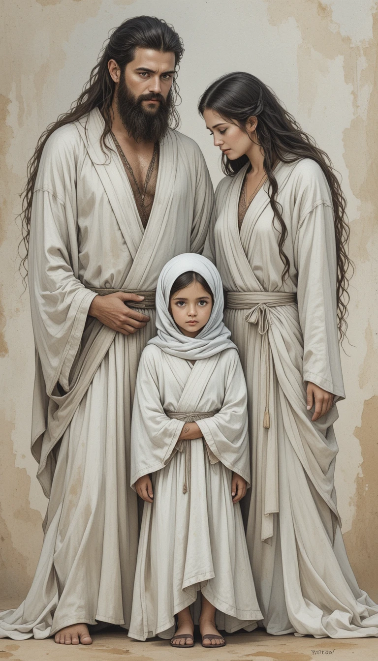 Retrato de família em aquarela com túnicas brancas esvoaçantes