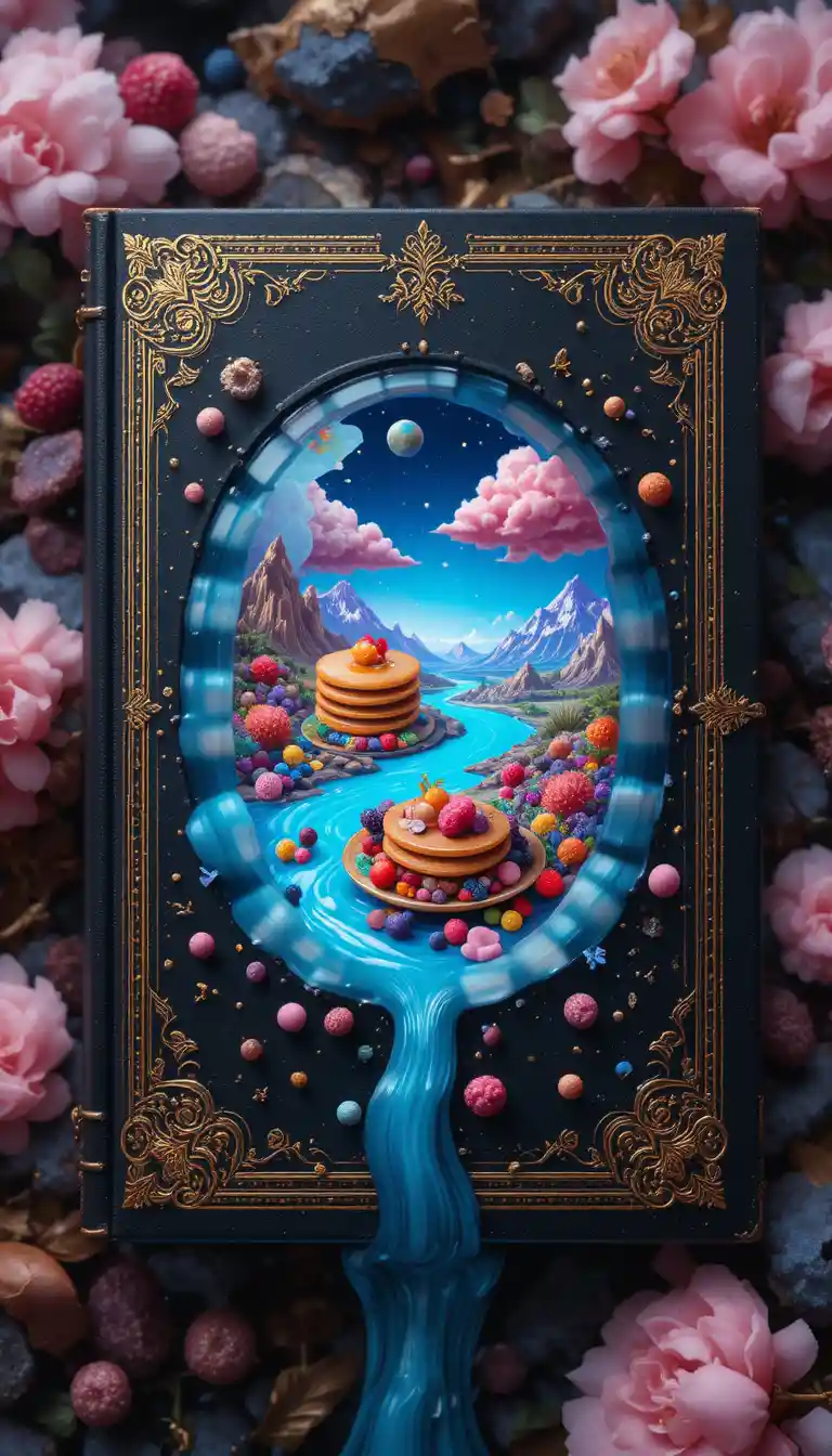 Magical book with syrup forming a tiny fantasy breakfast world