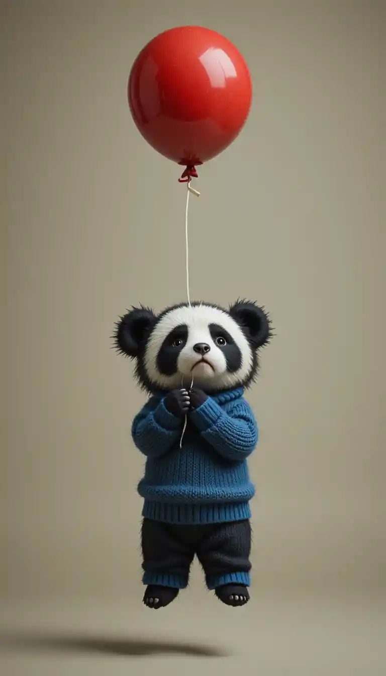 Sad cartoon bear floating with a red balloon