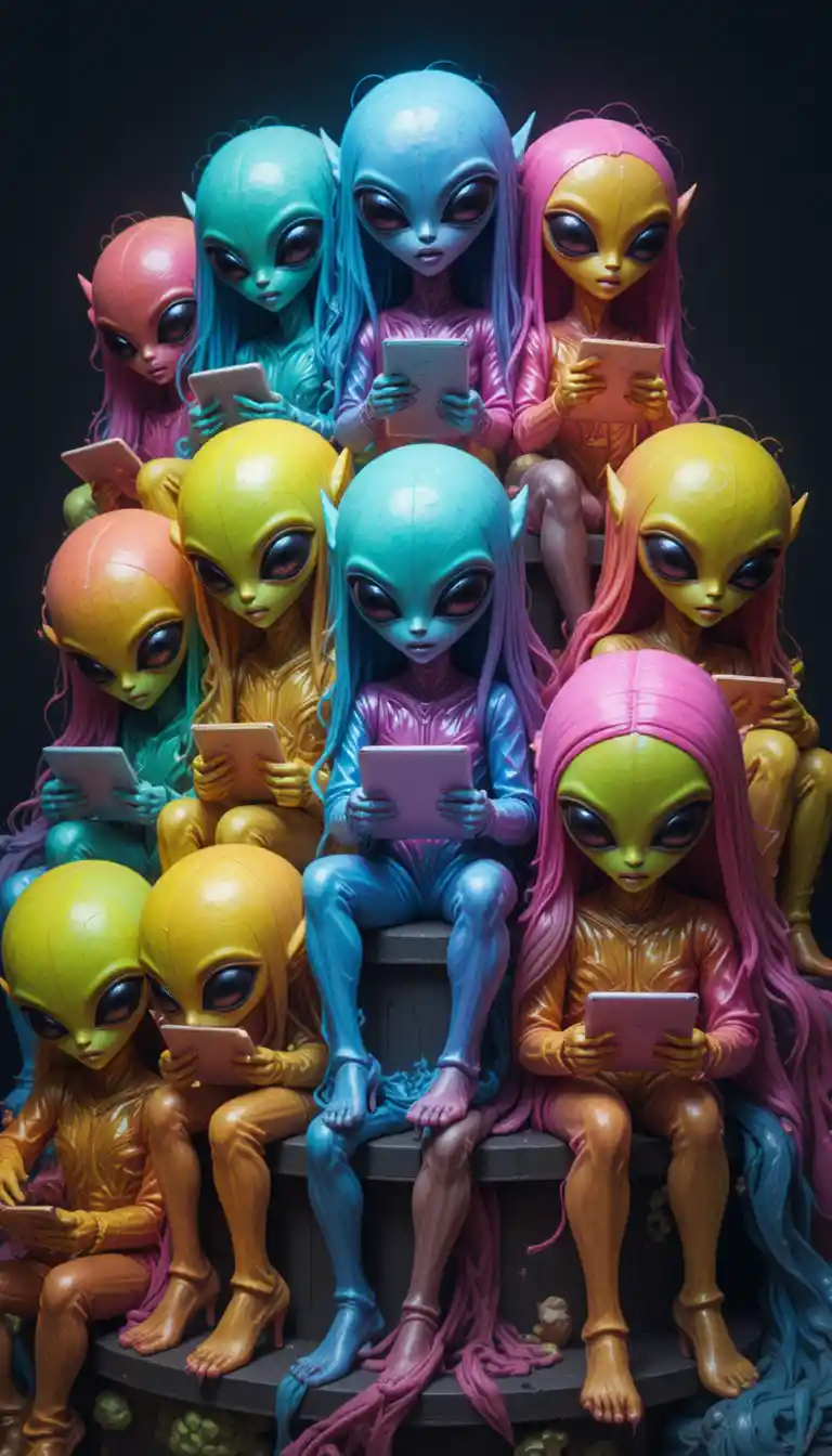 Colorful aliens in metallic suits relaxing on tiered stand