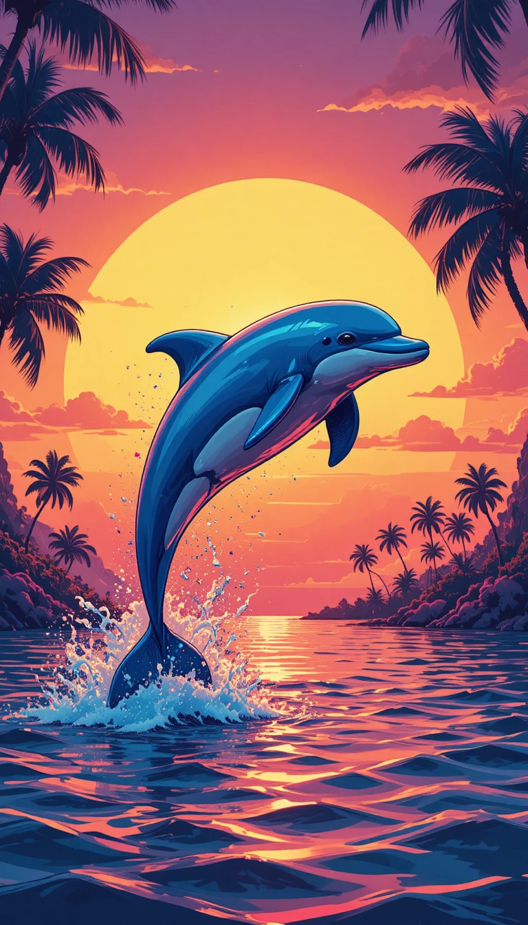 Dolphin leaping before a vivid tropical sunset sky