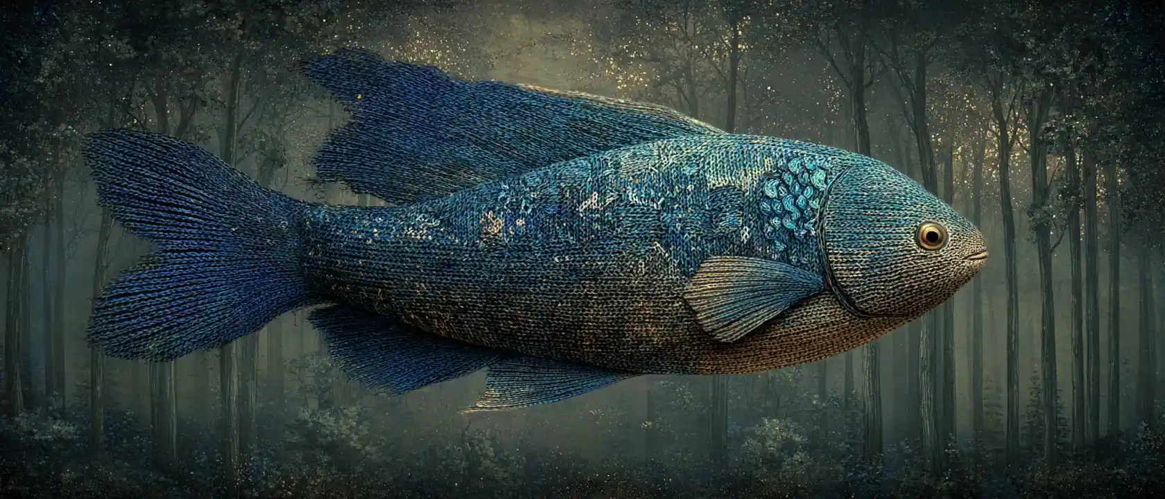 Pez azul surrealista volando entre nubes en un bosque mágico