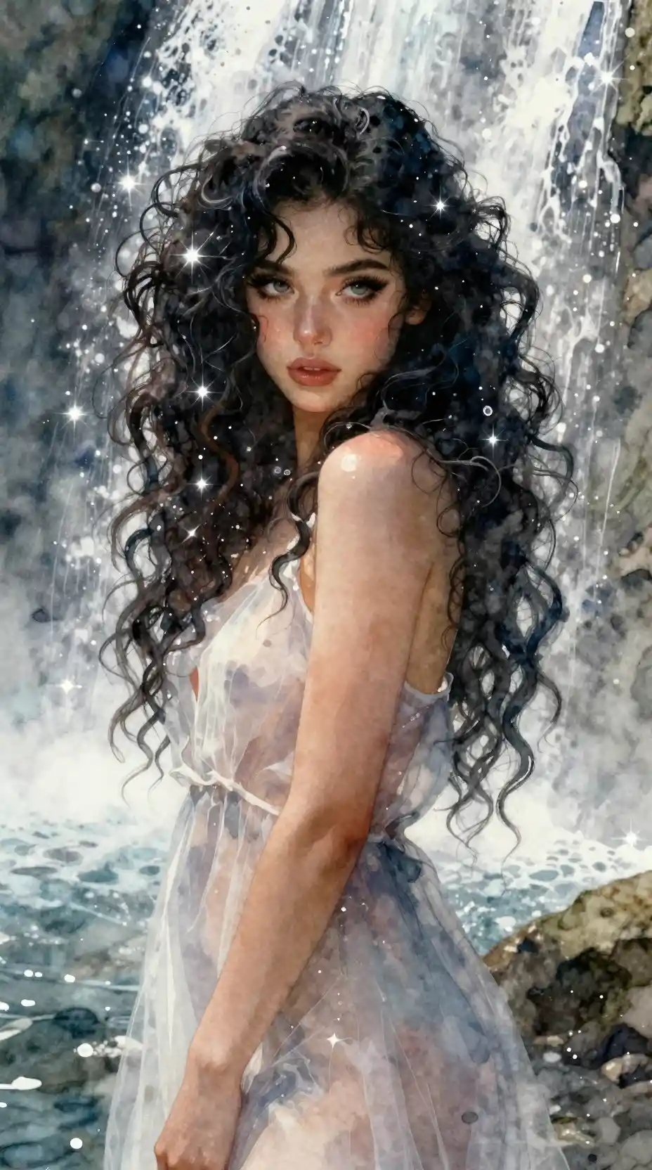 Mythic student portrait by a glowing starry waterfall