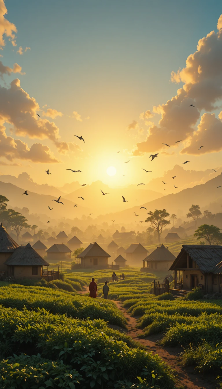 Amanecer pacífico en un pueblo indio con campos y aves