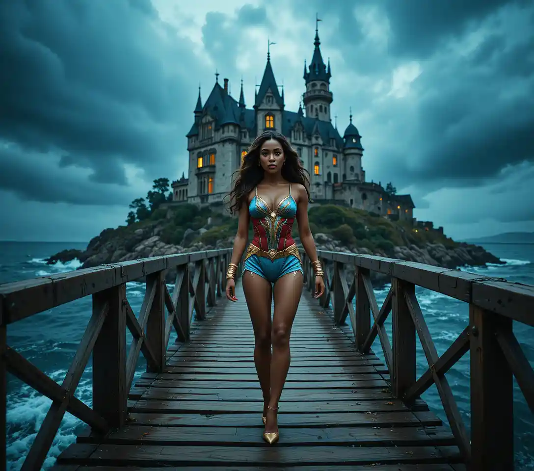 Confident heroine on a bridge before a gothic sea castle
