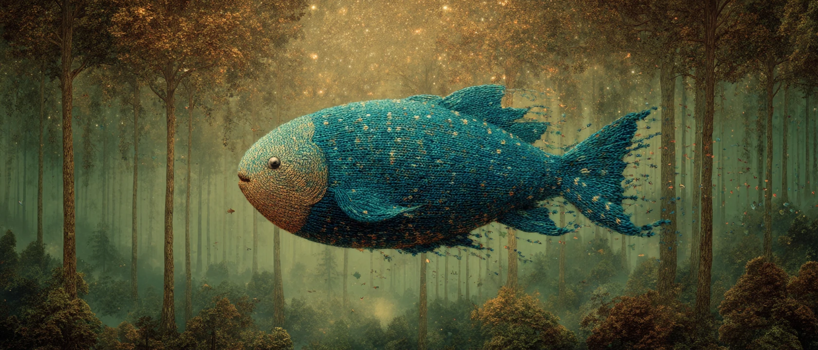 Pez azul surreal volando por un cielo de bosque mágico