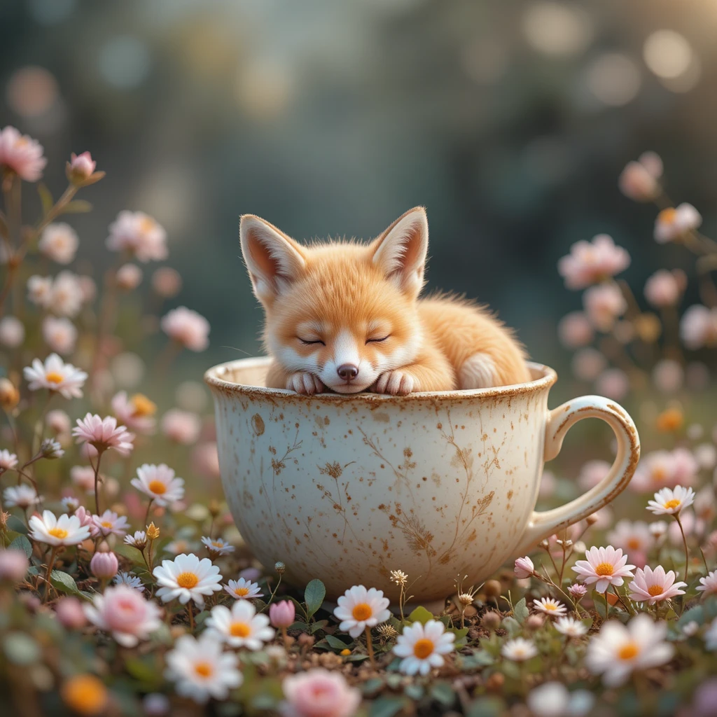 Cute baby fox sleeping in a ceramic cup among flowers