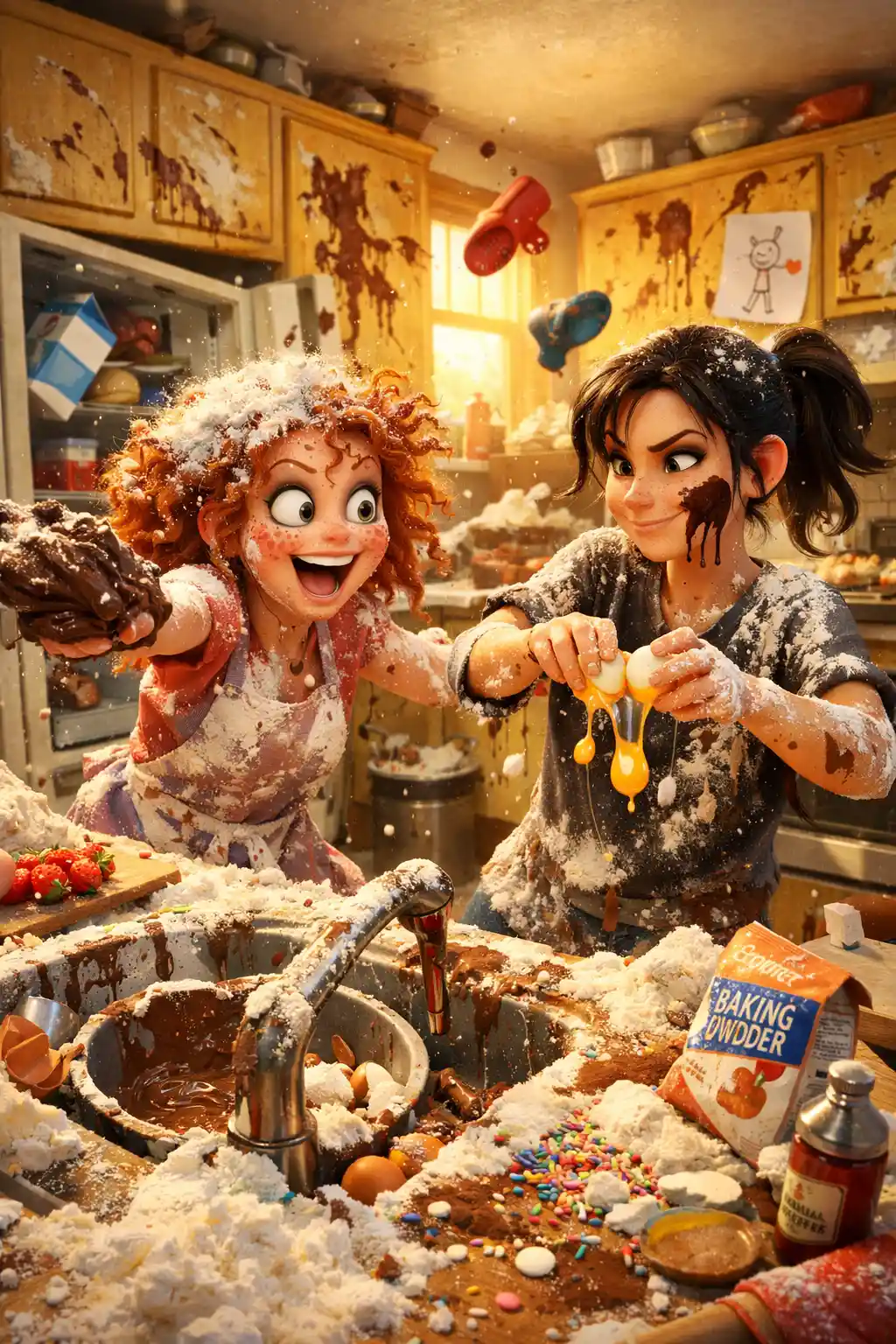 Due ragazze pasticcione in una caotica cucina 3D durante una sfida di dolci