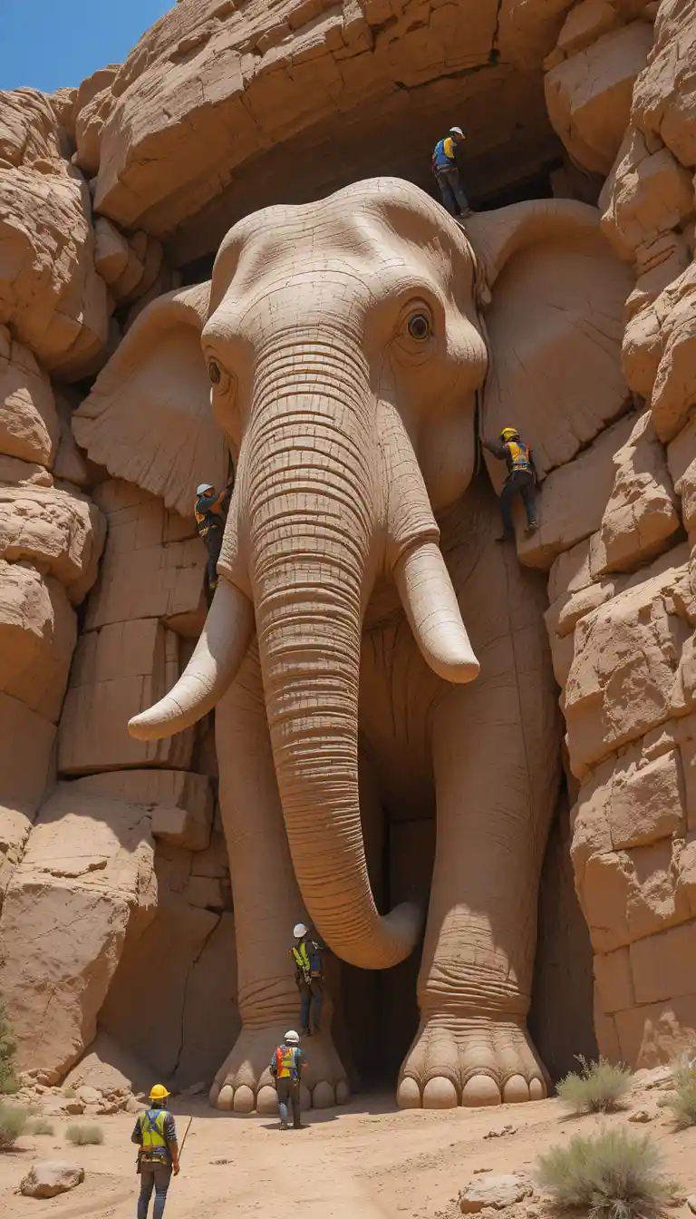 Workers climbing a colossal elephant sculpture in the desert
