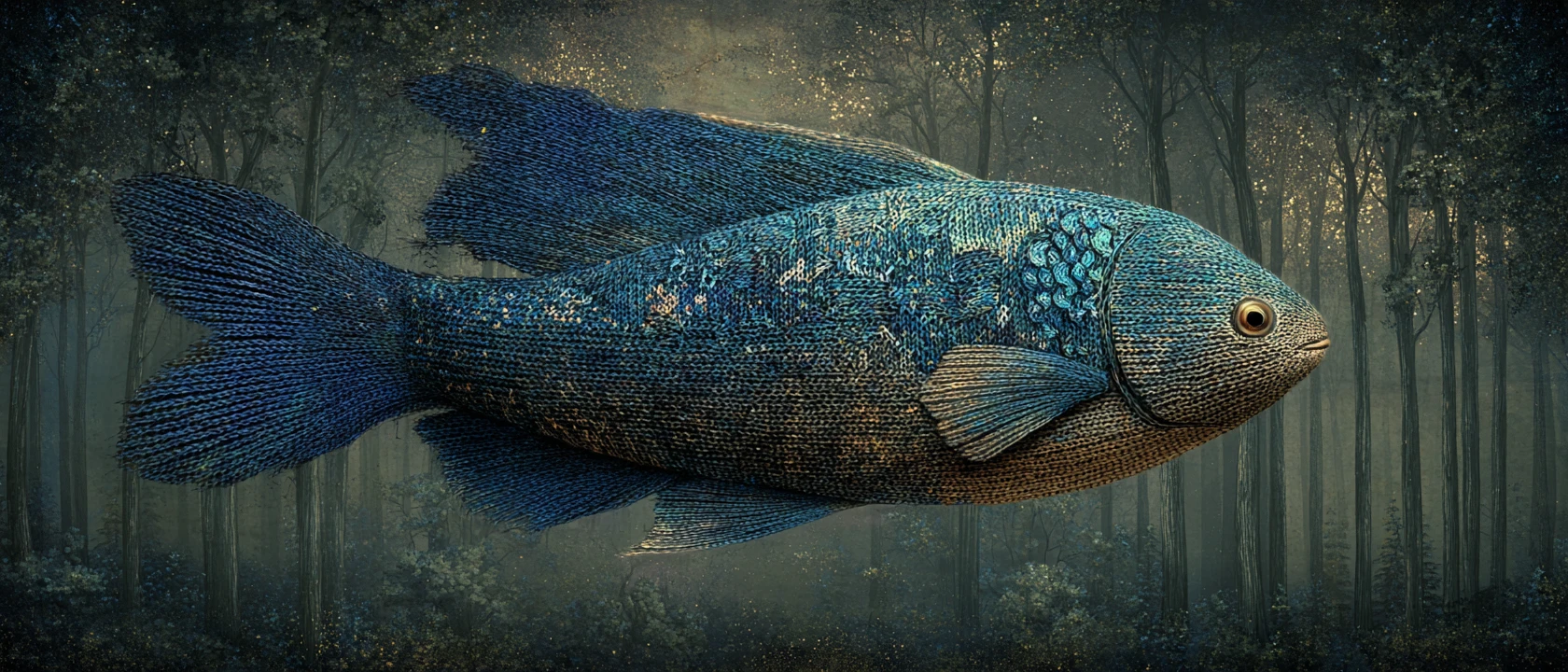 Pez azul surrealista volando entre nubes en un bosque mágico