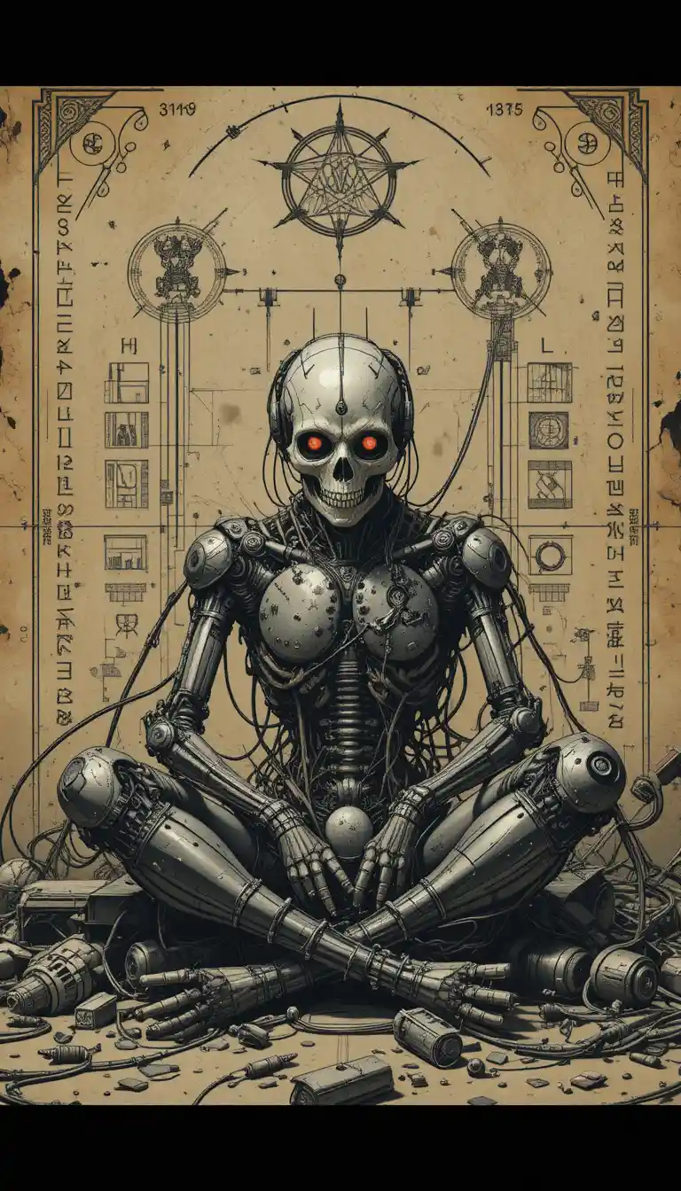 Cybernetic creature meditating amid wires and mechanical junk