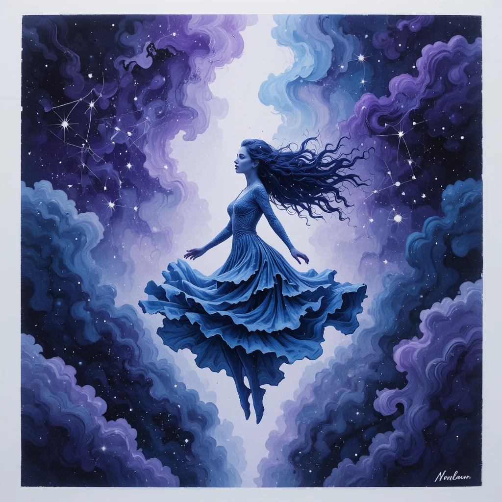 Girl Floating In An Ink Dream Cosmos With Moving Constellations