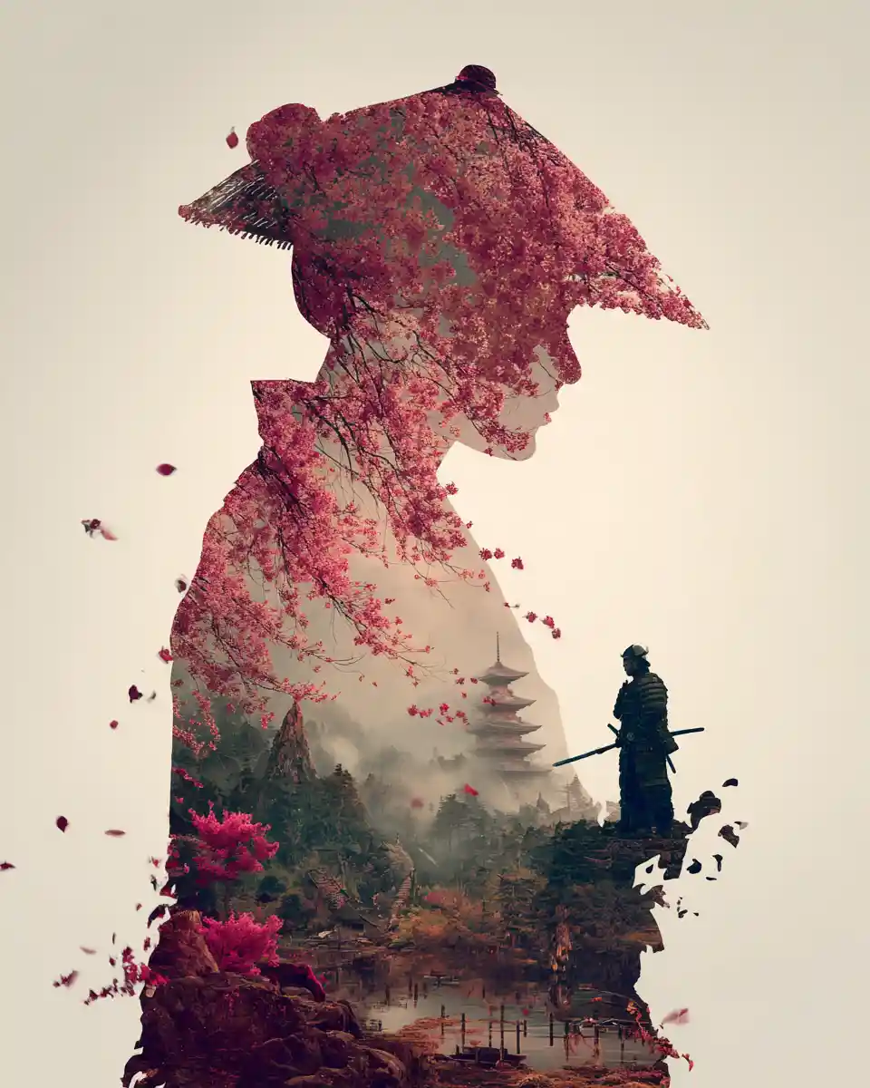 Silhouetted geisha and samurai with cherry blossoms