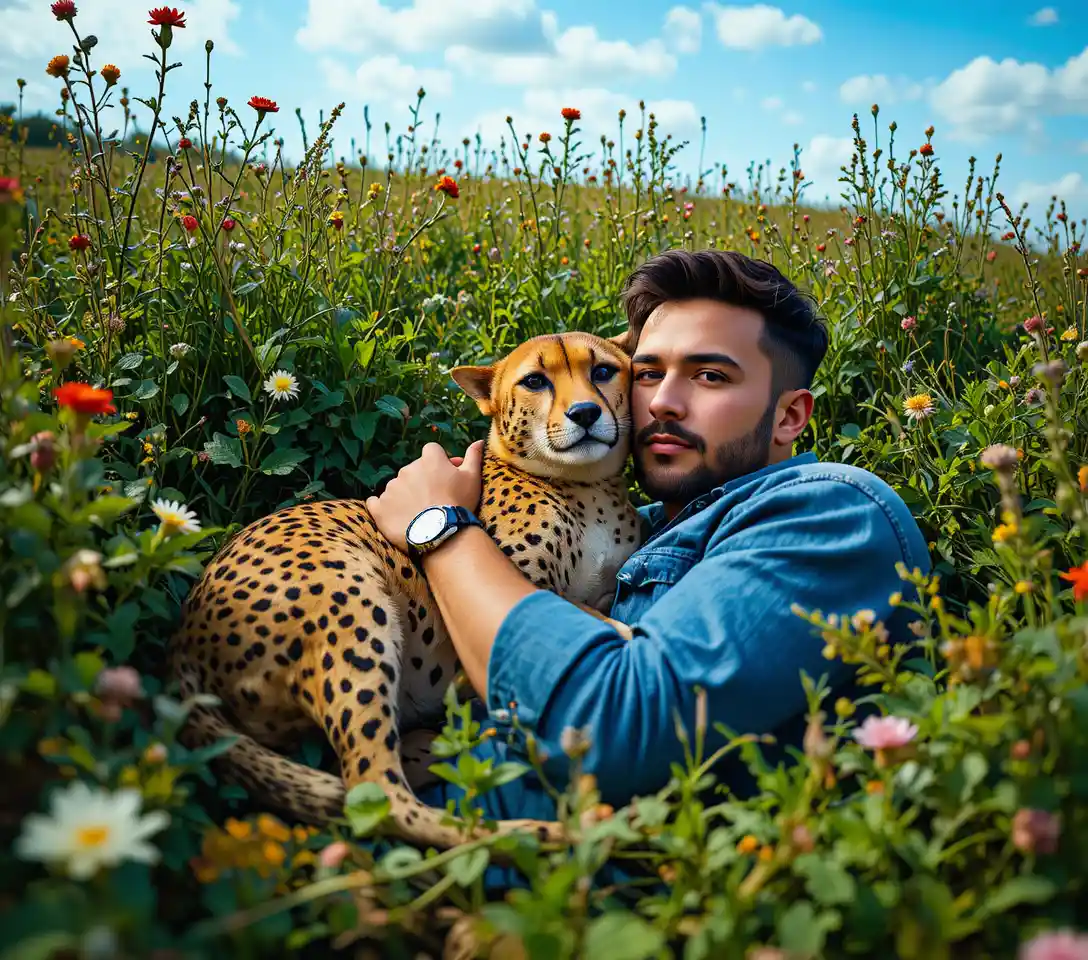 Man resting in grass while gently petting a relaxed cheetah