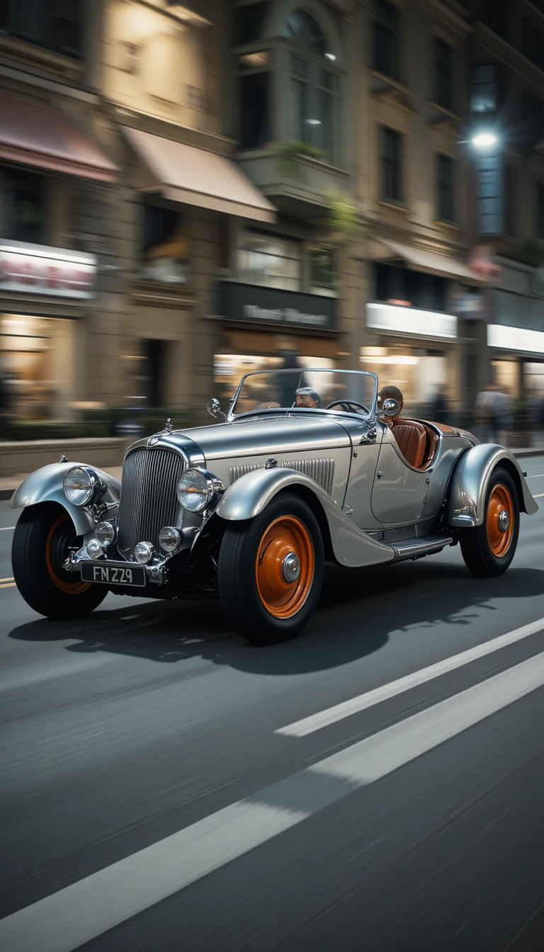 Vintage silver sports car racing down a night city street