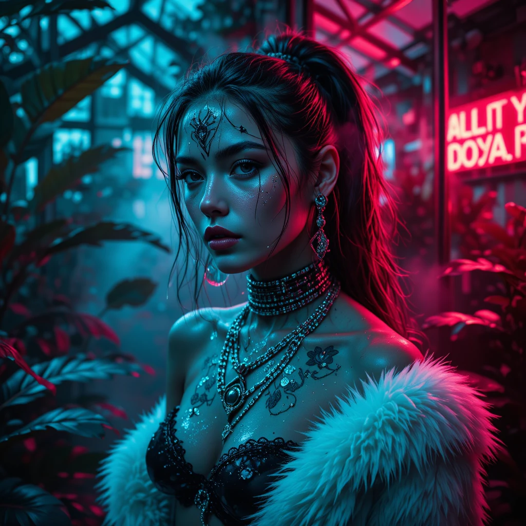 Portrait d’Ambassadrice Cyberpunk dans une Serre Illuminée au Néon