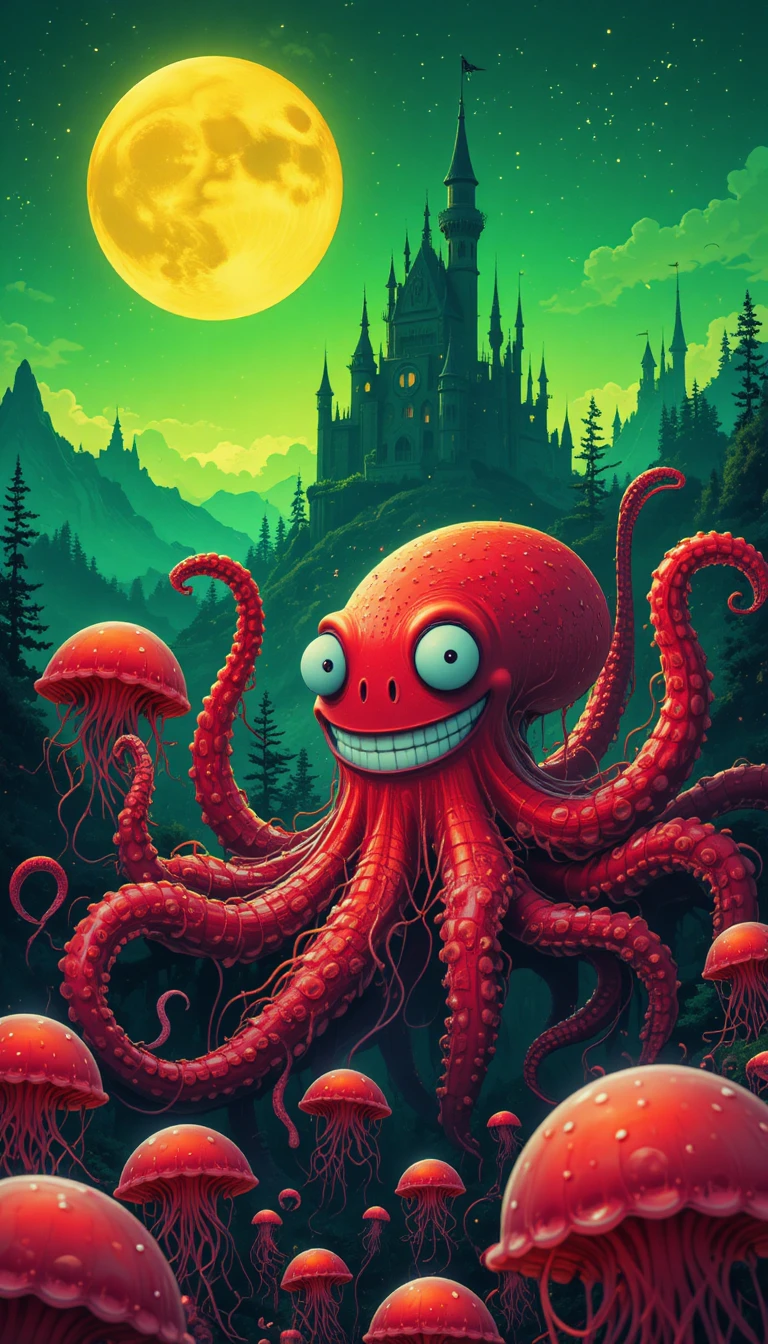 Red octopus under a surreal green and yellow sky