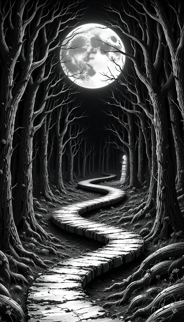 Eerie moonlit forest with winding path and bare trees