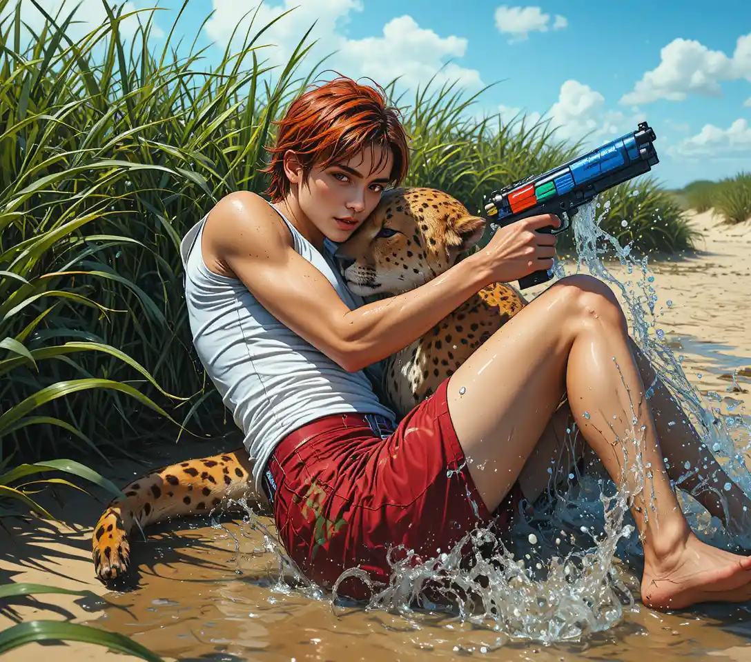 Man relaxing in grass beside a calm cheetah