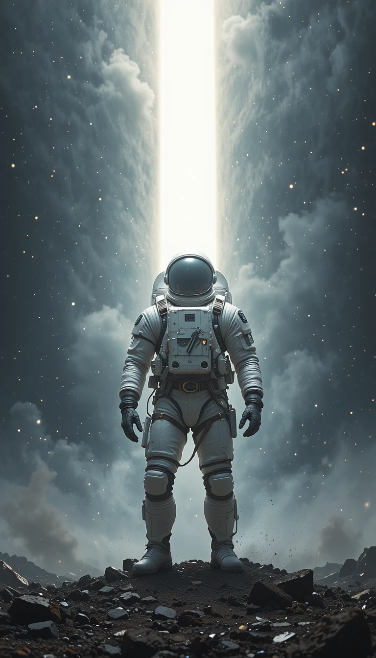 Astronaut Silhouetted Against Blinding Vertical Cosmic Light