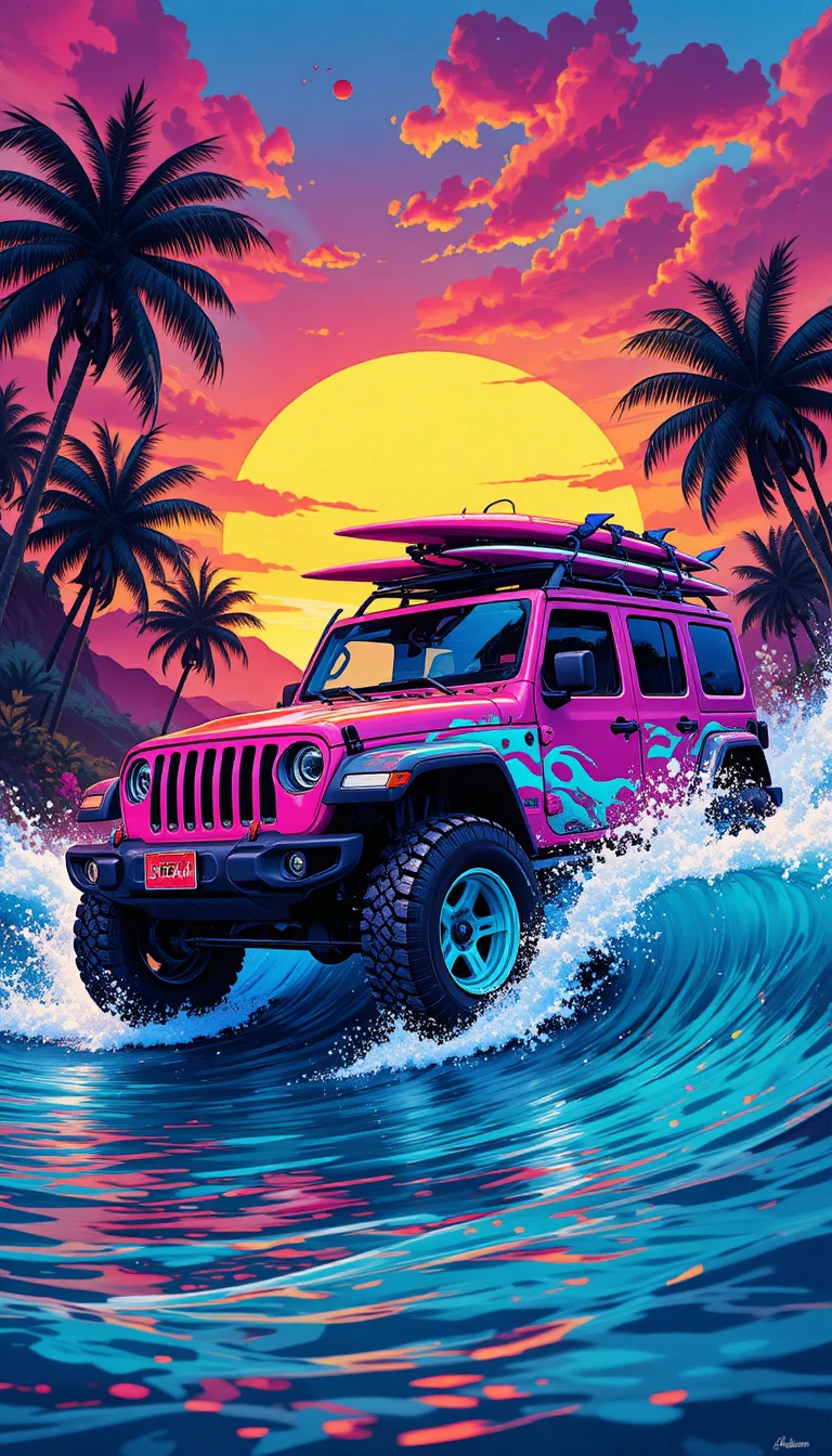 Jeep colorata che cavalca un’onda tropicale al tramonto