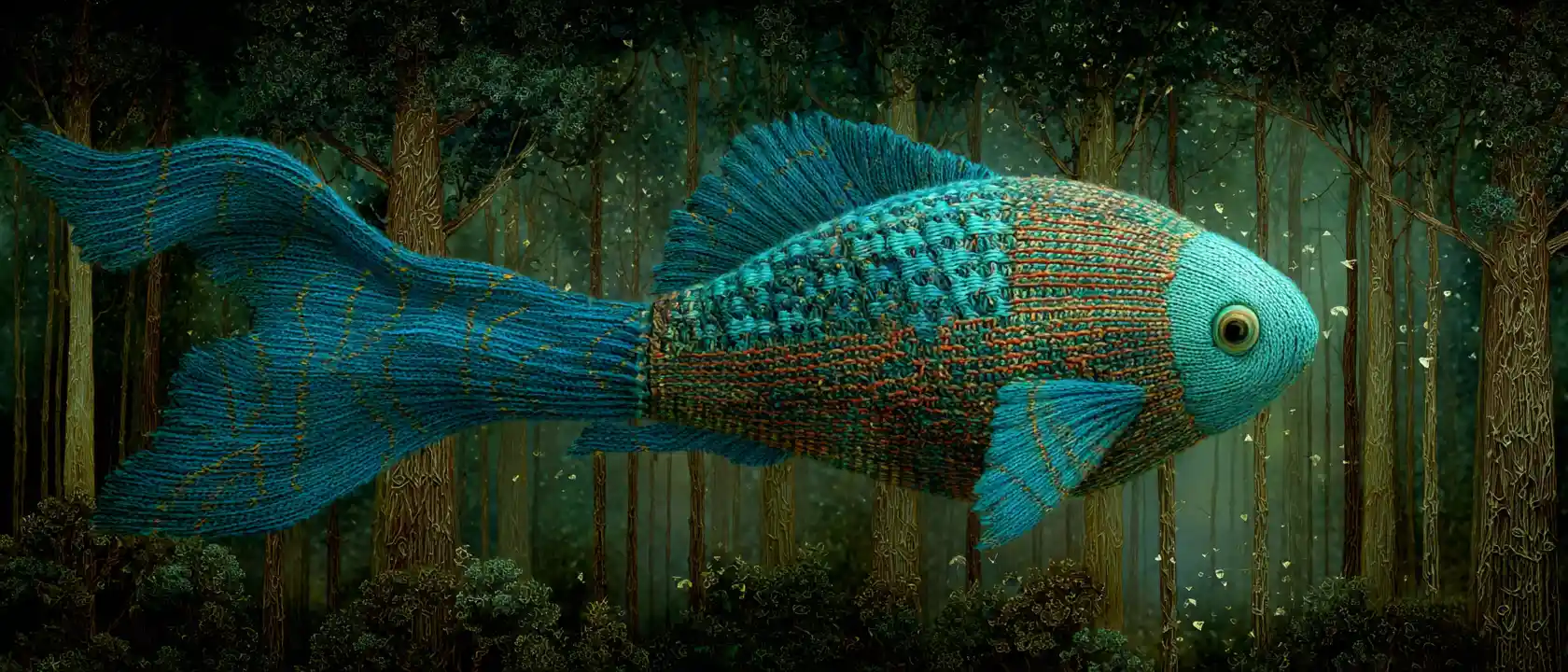 Poisson bleu surréaliste volant dans un ciel de forêt scintillant