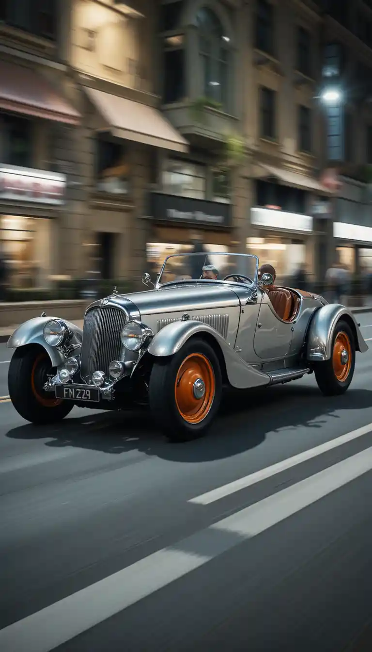 Vintage silver sports car racing down a night city street