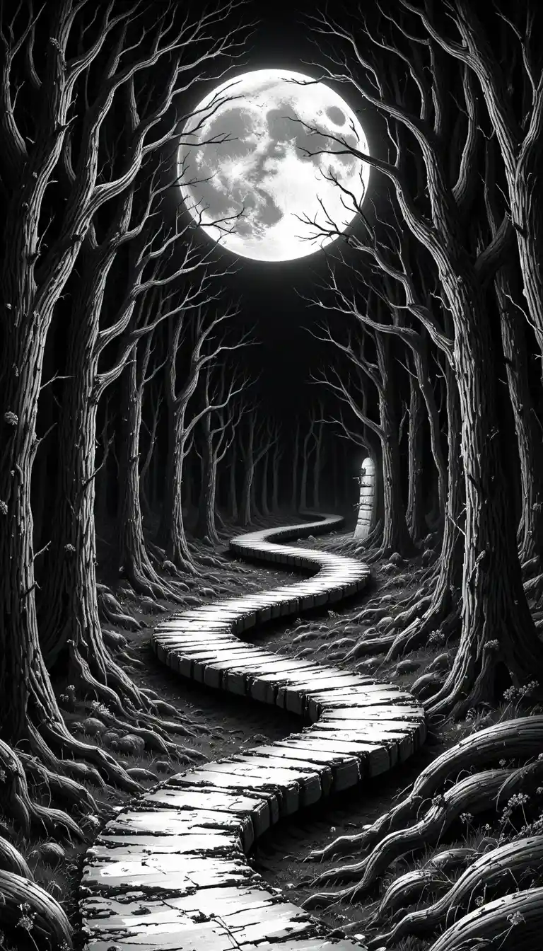 Eerie moonlit forest with winding path and bare trees