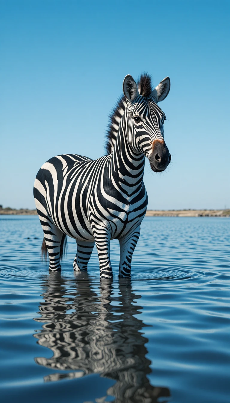 Zebra reflected in calm rippling water under clear blue sky