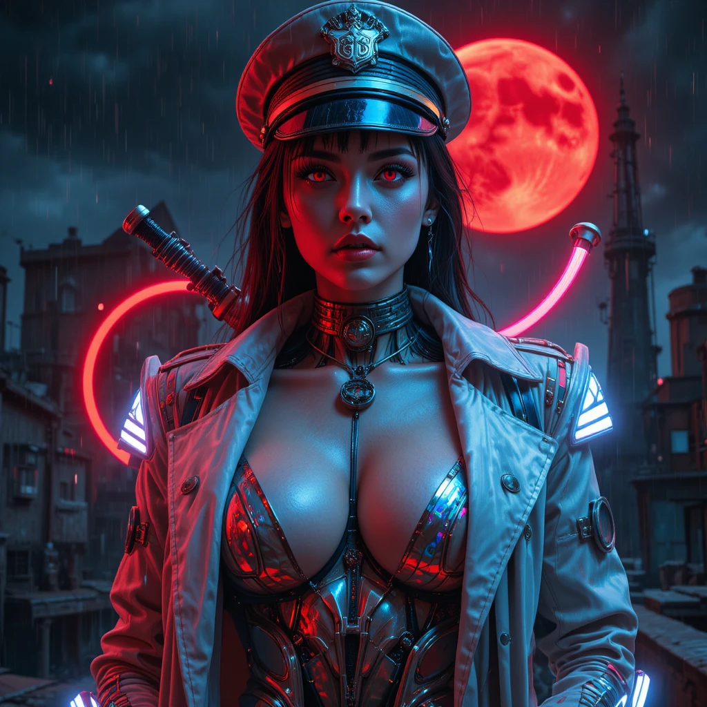 Cyberpunk detective woman under a bleeding red moon