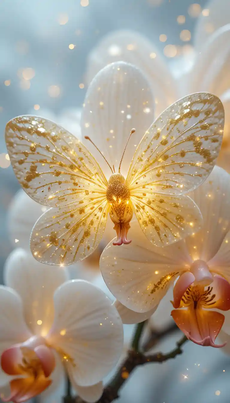 Leuchtende Orchideen-Makroaufnahme mit goldenen und Gzhel-inspirierten Details