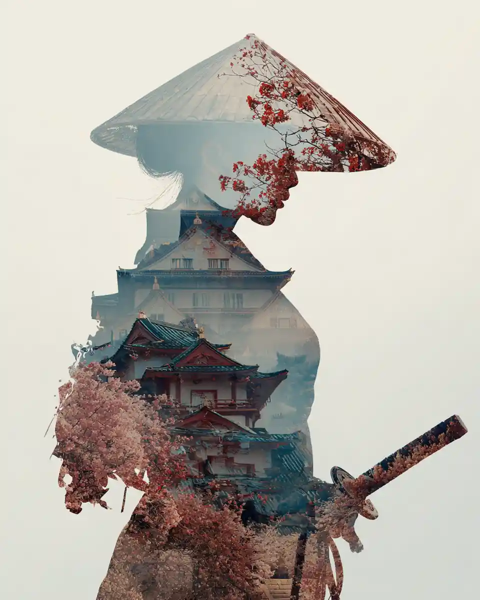 Silhouetted geisha and samurai with cherry blossom trees